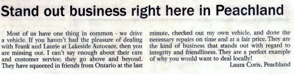 Customer testimonial for Lakeside Autocare