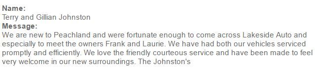 Customer testimonial for Lakeside Autocare